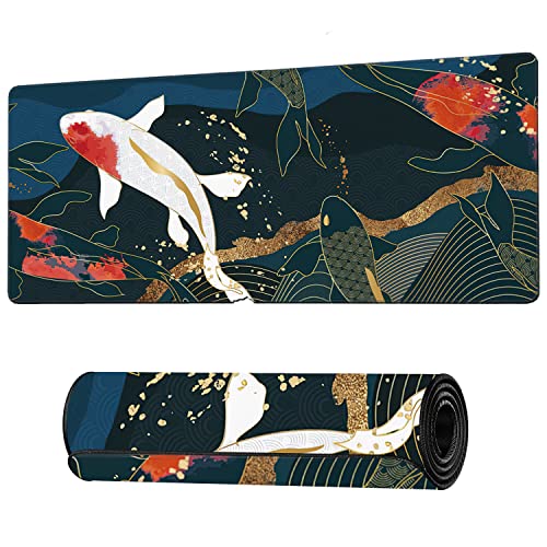 Japanische Koi-Fisch-Mauspad, große Schreibtischmatte mit rutschfester Gummiunterseite und genähten Kanten, Tastatur-Mauspad, Schreibtischunterlage für Arbeit, Spiel, Büro, Zuhause, 80 x 40 cm von Uiaoiais