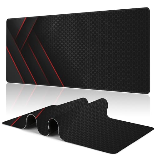 Uiaoiais Gaming-Mauspad, schwarz-rot, Waben-Technologie, Schreibtischunterlage, 80 x 40 cm, erweitertes Gaming-Mauspad mit genähtem Rand, rutschfeste Unterseite, großes Mauspad für Büro, Tastatur, von Uiaoiais
