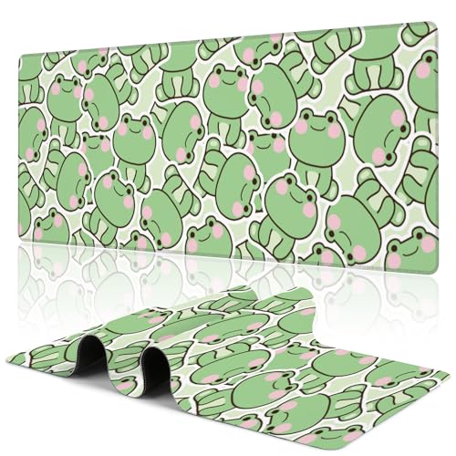 Uiaoiais Kawaii Frosch Gaming-Mauspad, grüne niedliche Schreibtischunterlage, 80 x 40 cm, große Schreibtischunterlage mit genähtem Rand, rutschfeste Unterseite, Tastatur, großes Mauspad für Büro, von Uiaoiais