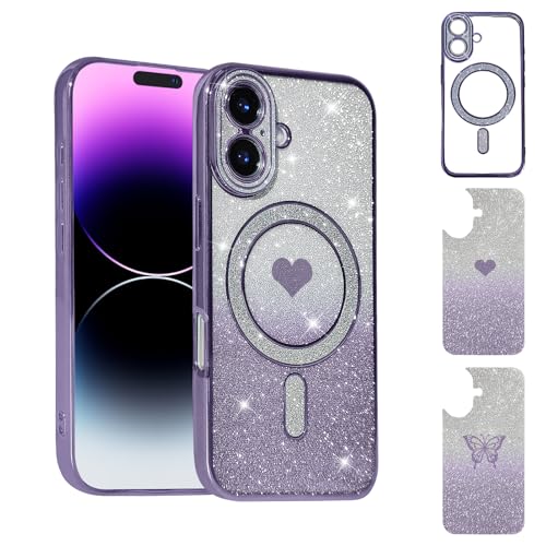 Uioeua Magnetische Schutzhülle für iPhone 16, süßes Liebesherz und Schmetterling, luxuriös, funkelnd, transparent, mit Diamant-Kameraschutz, Silikon, stoßfest, Violett Uioeua Magnetische Schutzhülle für iPhone 16, süßes Liebesherz und Schmetterling, luxuriös, funkelnd, transparent, mit Diamant-Kameraschutz, Silikon, stoßfest, Violett von Uioeua