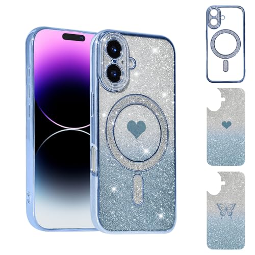 Uioeua Magnetische Schutzhülle für iPhone 16, süßes Liebesherz und Schmetterling, luxuriös, funkelnd, transparent, mit Diamant-Kameraschutz, Silikon, stoßfest, für iPhone 16, Blau Uioeua Magnetische Schutzhülle für iPhone 16, süßes Liebesherz und Schmetterling, luxuriös, funkelnd, transparent, mit Diamant-Kameraschutz, Silikon, stoßfest, für iPhone 16, Blau von Uioeua