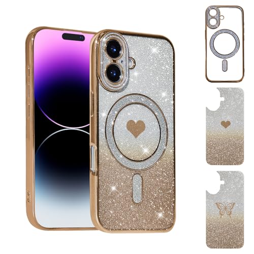 Uioeua Magnetische Schutzhülle für iPhone 16, süßes Liebesherz und Schmetterling, luxuriös, funkelnd, transparent, mit Diamant-Kameraschutz, Silikon, stoßfest, für iPhone 16, Gold Uioeua Magnetische Schutzhülle für iPhone 16, süßes Liebesherz und Schmetterling, luxuriös, funkelnd, transparent, mit Diamant-Kameraschutz, Silikon, stoßfest, für iPhone 16, Gold von Uioeua