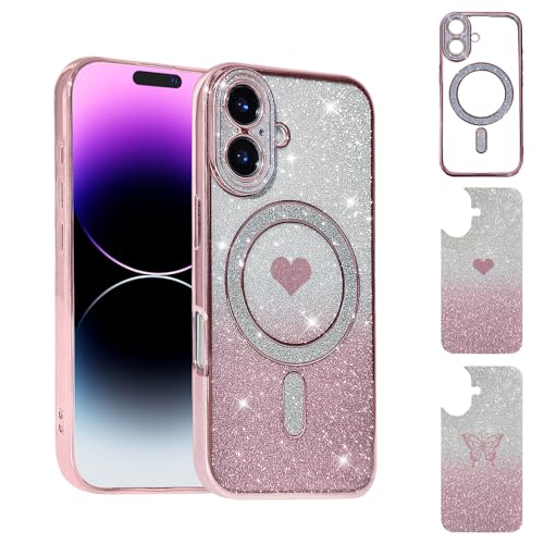 Uioeua Magnetische Schutzhülle für iPhone 16, süßes Liebesherz und Schmetterling, luxuriös, funkelnd, transparent, mit Diamant-Kameraschutz, Silikon, stoßfest, für iPhone 16, Rosa Uioeua Magnetische Schutzhülle für iPhone 16, süßes Liebesherz und Schmetterling, luxuriös, funkelnd, transparent, mit Diamant-Kameraschutz, Silikon, stoßfest, für iPhone 16, Rosa von Uioeua