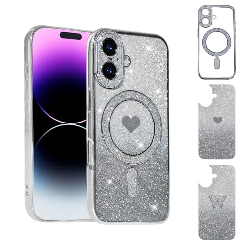 Uioeua Magnetische Schutzhülle für iPhone 16, süßes Liebesherz und Schmetterling, luxuriös, funkelnd, transparent, mit Diamant-Kameraschutz, Silikon, stoßfest, für iPhone 16, silberfarben Uioeua Magnetische Schutzhülle für iPhone 16, süßes Liebesherz und Schmetterling, luxuriös, funkelnd, transparent, mit Diamant-Kameraschutz, Silikon, stoßfest, für iPhone 16, silberfarben von Uioeua