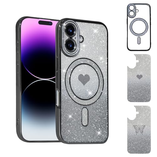 Uioeua Magnetische Schutzhülle für iPhone 16, süßes Liebesherz und Schmetterling, luxuriös, funkelnd, transparent, mit Diamant-Kameraschutz, Silikon, stoßfeste Schutzhülle für iPhone 16, Schwarz Uioeua Magnetische Schutzhülle für iPhone 16, süßes Liebesherz und Schmetterling, luxuriös, funkelnd, transparent, mit Diamant-Kameraschutz, Silikon, stoßfeste Schutzhülle für iPhone 16, Schwarz von Uioeua