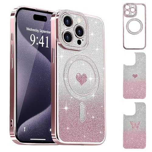 Uioeua Magnetische Schutzhülle für iPhone 16 Pro Max, süßes Liebesherz und Schmetterling, luxuriös, funkelnd, transparent, mit Diamant-Kameraschutz, stoßfeste Hülle für iPhone 16 Pro Max, Rosa Uioeua Magnetische Schutzhülle für iPhone 16 Pro Max, süßes Liebesherz und Schmetterling, luxuriös, funkelnd, transparent, mit Diamant-Kameraschutz, stoßfeste Hülle für iPhone 16 Pro Max, Rosa von Uioeua