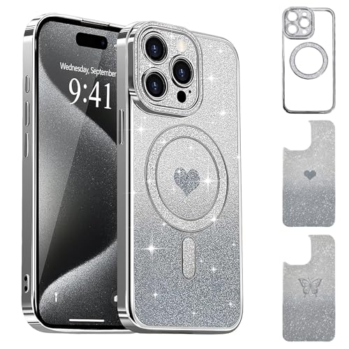 Uioeua Magnetische Schutzhülle für iPhone 16 Pro Max, süßes Liebesherz und Schmetterling, luxuriös, funkelnd, transparent, mit Diamant-Kameraschutz, stoßfeste Hülle für iPhone 16 Pro Max, silberfarben Uioeua Magnetische Schutzhülle für iPhone 16 Pro Max, süßes Liebesherz und Schmetterling, luxuriös, funkelnd, transparent, mit Diamant-Kameraschutz, stoßfeste Hülle für iPhone 16 Pro Max, silberfarben von Uioeua