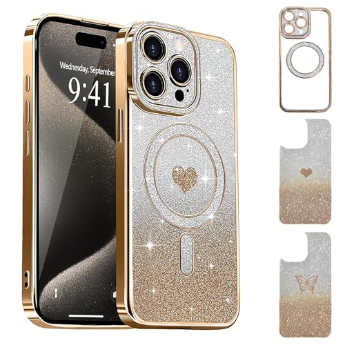 Uioeua Magnetische Schutzhülle für iPhone 16 Pro Max, süßes Liebesherz und Schmetterling, luxuriös, funkelnd, transparent, mit Diamant-Kameraschutz, stoßfeste Hülle für iPhone 16 Pro Max, Gold Uioeua Magnetische Schutzhülle für iPhone 16 Pro Max, süßes Liebesherz und Schmetterling, luxuriös, funkelnd, transparent, mit Diamant-Kameraschutz, stoßfeste Hülle für iPhone 16 Pro Max, Gold von Uioeua