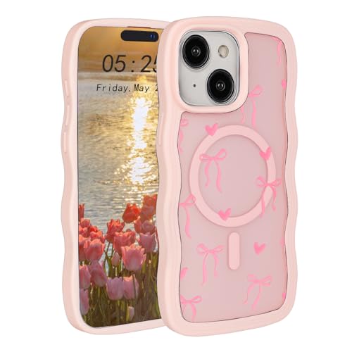 Uioeua Schutzhülle für iPhone 13/14, niedliche magnetische Hülle, süßes rosa Schleifen- und Herzmuster mit Wellenrahmen, durchscheinende, matte Rückseite, Silikon für Damen und Mädchen, Schutzschale Uioeua Schutzhülle für iPhone 13/14, niedliche magnetische Hülle, süßes rosa Schleifen- und Herzmuster mit Wellenrahmen, durchscheinende, matte Rückseite, Silikon für Damen und Mädchen, Schutzschale von Uioeua