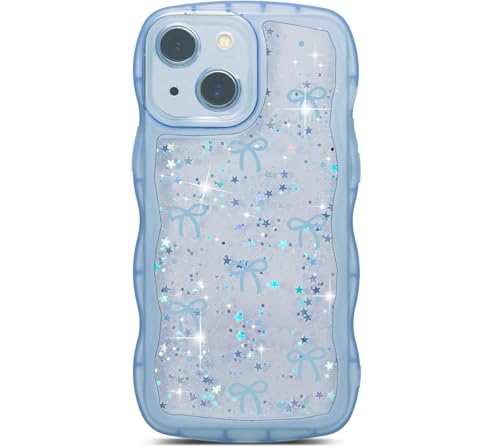 Uioeua Schutzhülle für iPhone 14, niedlich, gelockt, gewellt, niedliche Schleife und Glitzer, glitzernd, glänzendes Sternmuster, für Damen und Mädchen, Silikon, stoßfest, blaue Schleife Uioeua Schutzhülle für iPhone 14, niedlich, gelockt, gewellt, niedliche Schleife und Glitzer, glitzernd, glänzendes Sternmuster, für Damen und Mädchen, Silikon, stoßfest, blaue Schleife von Uioeua