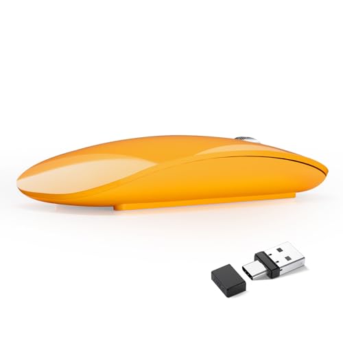 Uiosmuph G11 Kabellose Maus, 2,4 GHz Funkmaus mit USB-Nano-Empfänger und Type-c-Empfänger, Leise Wireless Mouse USB C Wiederaufladbar für Laptop, PC, Mac,Orange von Uiosmuph