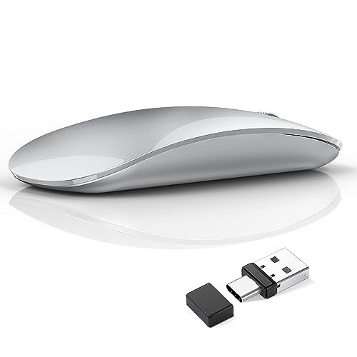 Uiosmuph G11 Kabellose Maus, 2,4 GHz Funkmaus mit USB-Nano-Empfänger und Type-c-Empfänger, Leise Wireless Mouse USB C Wiederaufladbar für Laptop, PC, Mac Silber von Uiosmuph