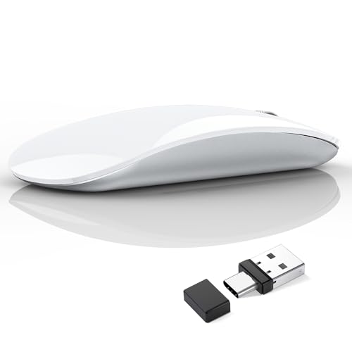 Uiosmuph G11 Kabellose Maus, 2,4 GHz Funkmaus mit USB-Nano-Empfänger und Type-c-Empfänger, Leise Wireless Mouse USB C Wiederaufladbar für Laptop, PC, Mac Weiß von Uiosmuph