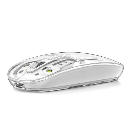 Uiosmuph M133 Maus Kabellos, Wiederaufladbare Bluetooth Maus (DREI Modi: BT 5.1/5.1 + 2.4G), Transparente Abdeckung, Batteriestand sichtbar,Leise Funkmaus für Laptop, Mac OS, Android, Weiß von Uiosmuph
