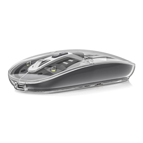 Uiosmuph M133 Maus Kabellos, Wiederaufladbare Bluetooth Maus (DREI Modi: BT 5.1/5.1 + 2.4G), Transparente Abdeckung, Batteriestand sichtbar,Leise Funkmaus für Laptop, Mac OS, Android (Hell grau) von Uiosmuph