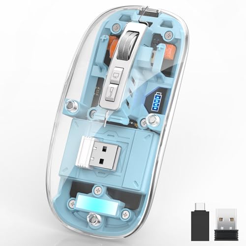 Uiosmuph M133 Wireless Bluetooth Transparent Maus, Tri-Mode (BT5.1+ BT5.1+ 2.4GHz) Type C Wiederaufladbare Mouse Silent 4 DPI Adjustable Mice for MacBook, Laptop, Pad, PC, iOS, Android (Blau) von Uiosmuph