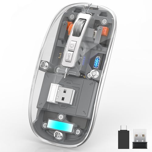Uiosmuph M133 Wireless Bluetooth Transparent Maus, Tri-Mode (BT5.1+ BT5.1+ 2.4GHz) Type C Wiederaufladbare Mouse Silent 4 DPI Adjustable Mice for MacBook, Laptop, Pad, PC, iOS, Android (Gray) von Uiosmuph