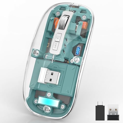 Uiosmuph M133 Wireless Bluetooth Transparent Maus, Tri-Mode (BT5.1+ BT5.1+ 2.4GHz) Type C Wiederaufladbare Mouse Silent 4 DPI Adjustable Mice for MacBook, Laptop, Pad, PC, iOS, Android (Grün) von Uiosmuph