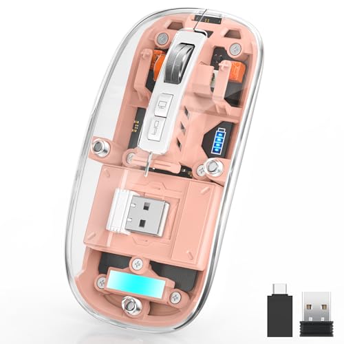 Uiosmuph M133 Wireless Bluetooth Transparent Maus, Tri-Mode (BT5.1+ BT5.1+ 2.4GHz) Type C Wiederaufladbare Mouse Silent 4 DPI Adjustable Mice for MacBook, Laptop, Pad, PC, iOS, Android (Rosa) von Uiosmuph