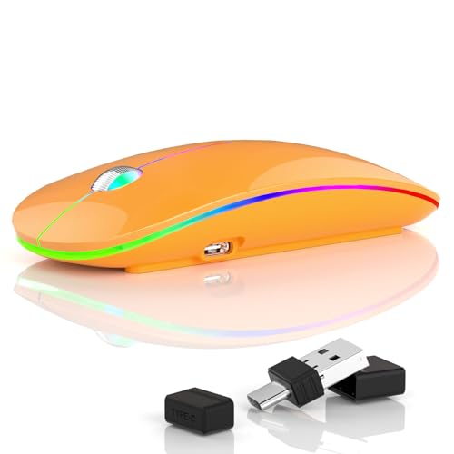 Uiosmuph U20 LED Kabellose Maus, 2.4GHz Leise Funkmaus Ergonomisch mit USB-A & USB-C Empfänger, 4800 DPI PAW3212 Optisch Sensor Wiederaufladbare Maus für Laptop Computer PC Mac, Orange von Uiosmuph