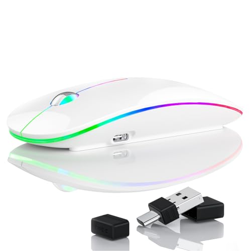 Uiosmuph U20 LED Kabellose Maus, 2.4GHz Leise Funkmaus Ergonomisch mit USB-A & USB-C Empfänger, 4800 DPI PAW3212 Optisch Sensor Wiederaufladbare Maus für Laptop Computer PC Mac, Weiß von Uiosmuph