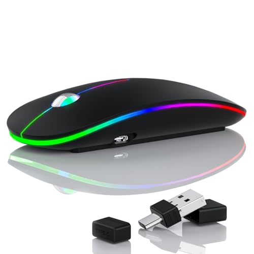 Uiosmuph U20 LED Kabellose Maus, 2.4GHz Leise Funkmaus Ergonomisch mit USB-A & USB-C Empfänger, 4800 DPI PAW3212 Optisch Sensor Wiederaufladbare Maus für Laptop Computer PC Mac, schwarz matt von Uiosmuph