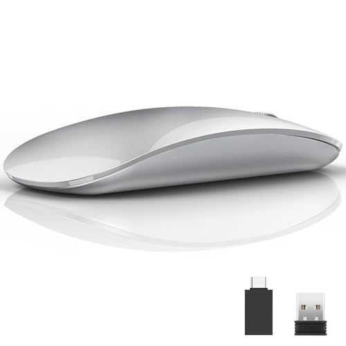 Uiosmuph U58 Kabellose Maus, 2.4G USB Laptop Mäuse Leise Funkmaus Ultra Slim Wireless Mouse 1600DPI für USB Empfänger mit Typ C Kompatibilität mit Windows/Mabook/Linux/Mac(Silber) von Uiosmuph