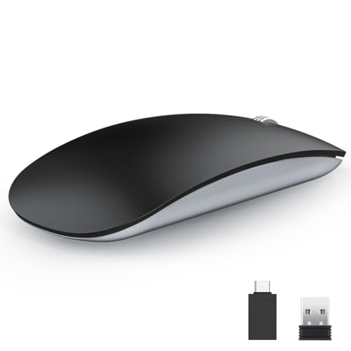 Uiosmuph U58 Kabellose Maus, 2.4G USB Laptop Mäuse Leise Funkmaus Ultra Slim Wireless Mouse 1600DPI für USB Empfänger mit Typ C Kompatibilität mit Windows/Mabook/Linux/Mac (Schwarz Matt) von Uiosmuph