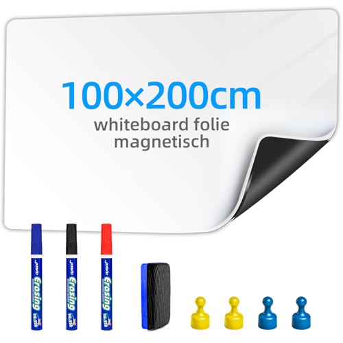 Magnetisch Whiteboard Folie - 100*200cm Magnetfolie Selbstklebend Weißwandtafel - Whiteboard Sticker DIY mit Marker, Board-Radierer und Magnet - Wandfolie für glatten Oberflächen in Schule Büro Haus von Ukaeno