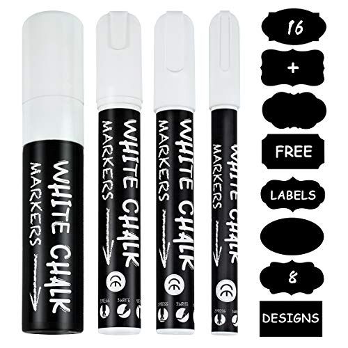 Ulifeme Kreidestift Weiss, 3mm, 6mm, 10mm und 15mm Kreidestifte für Tafel, Fenster & Glas, Trocken & Feucht Abwischbare Kreidemarker, 4 Stück Flüssige Kreide Weiß Set + 16pcs Kreidetafel Labels Ulifeme Kreidestift Weiss, 3mm, 6mm, 10mm und 15mm Kreidestifte für Tafel, Fenster & Glas, Trocken & Feucht Abwischbare Kreidemarker, 4 Stück Flüssige Kreide Weiß Set + 16pcs Kreidetafel Labels von Ulifeme