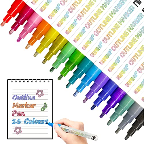 Ulifeme Outline Stift, 16 Farben Wasserfester Stifte für Geschenkkarte Schreiben, Geburtstagsgruss, Kinder Malen, DIY-Kunsthandwerk & Party-Zeichnung, 1-3 mm Glatte Schreibspitze mit Double Outline von Ulifeme