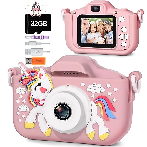 Ulikey Kinderkamera, Digitalkamera Kinder Kamera, 1080P HD Selfie Fotoapparat Kinder mit 2,0 Zoll Bildschirm und 32GB SD-Karte, Fotoapparat Einhorn für 3-12 Jahre Mädchen Jungen von Ulikey