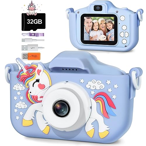 Ulikey Kinderkamera, Digitalkamera Kinder Kamera, 1080P HD Selfie Fotoapparat Kinder mit 2,0 Zoll Bildschirm und 32GB SD-Karte, Fotoapparat Einhorn für 3-12 Jahre Mädchen Jungen von Ulikey