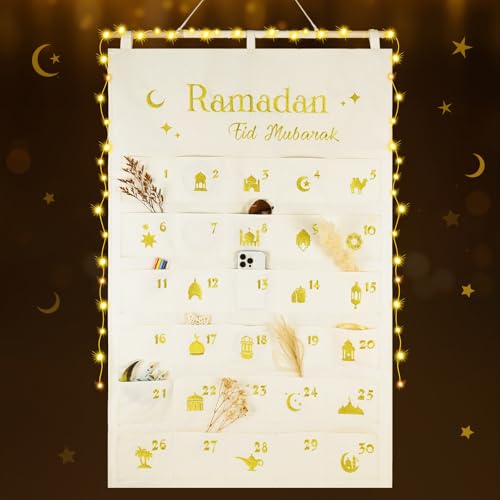 Ulikey Ramadankalender zum Befüllen, 30 Adventskalender zum Befüllen aus Stoff, Ramadan Wandkalender mit LED-Lichterkette, Eid Mubarak Adventskalender Countdown Kalender für Ramadan Dekorationen von Ulikey