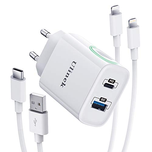 Ulinek 20W iPhone Schnellladegerät 2 Port + 2M USB A und USB C auf Lightning Kabel [MFi Zertifiziert], Schnellladekabel iPhone Fast Charger für iPhone 14/13/12/11/SE 2020/X/XR/XS Max/8 Plus, iPad Pro von Ulinek