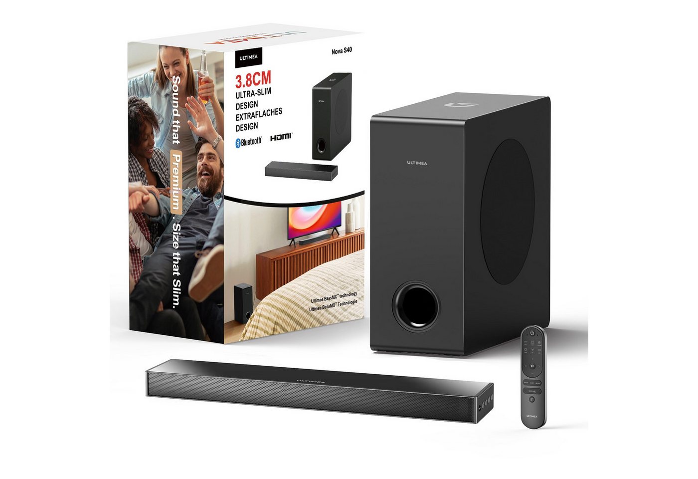 Ultimea Nova S40 Soundbar 2.1 (HDMI ARC, 160 W, Surround-Sound, Bass Verbessert, 35mmT, Schlank Aber Leistungsstark) von Ultimea