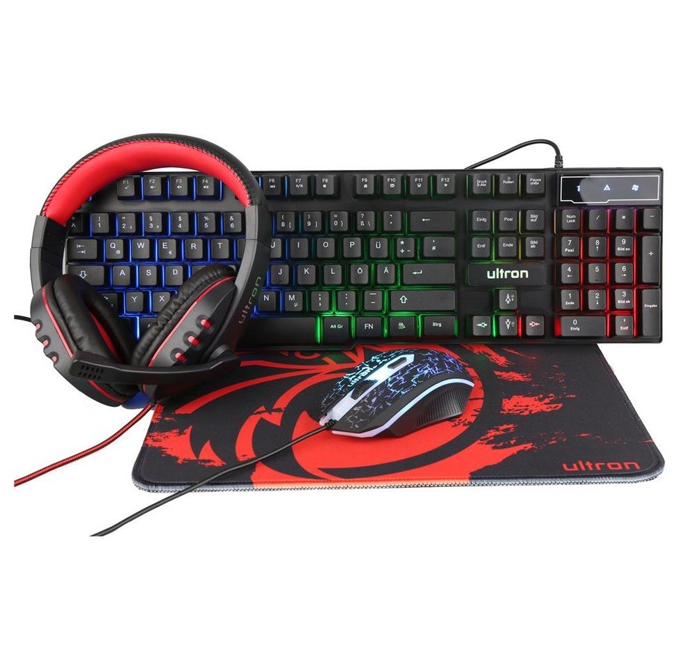 Ultron HAWK 4in1 Gaming Set Tastatur-, Maus- und Mauspad-Set, (Gaming 4in1 Set, Tastatur + Maus + Mauspad + Headset), Gaming Tastatur, Gaming Maus, 3200 dpi, USB, beleuchtet, LED Beleuchtung, XXL Gaming Mauspad / Mausmatte, Gaming Headset, Klinke, Kabelfernbedienung, schwarz / rot, Gaming Set von Ultron