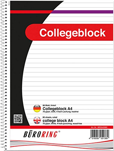 Büroring Collegeblock A4/80 Blatt liniert, holzfrei, weiß, 70g/qm von Unbekannt