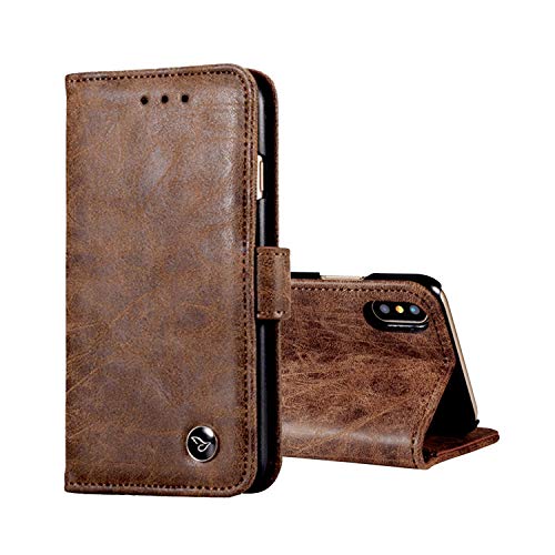 Schutzhülle für iPhone X/XS, Dunkelbraun, echtes Leder, Brieftaschenformat, mit Standfunktion und 2 Kartenfächern, Klappschutzhülle mit Kartenschlitz, schlanke, schützende und niedliche Handyhülle für von Unbekannt