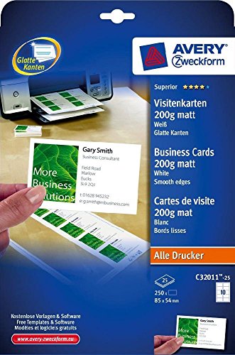 Visitenkarte Quick&Clean 200g/m² DIN A4 85 x 54 mm matt weiß 250 Karten auf 25 Blatt von Unbranded