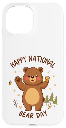 Happy National Bear Day Niedlicher Cartoon-Bär mit Honig und Biene Hülle für iPhone 15 von Unconventional Celebrations