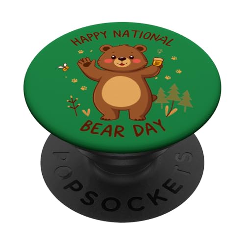Happy National Bear Day Niedlicher Cartoon-Bär mit Honig und Biene PopSockets Klebender PopGrip Happy National Bear Day Niedlicher Cartoon-Bär mit Honig und Biene PopSockets Klebender PopGrip von Unconventional Celebrations