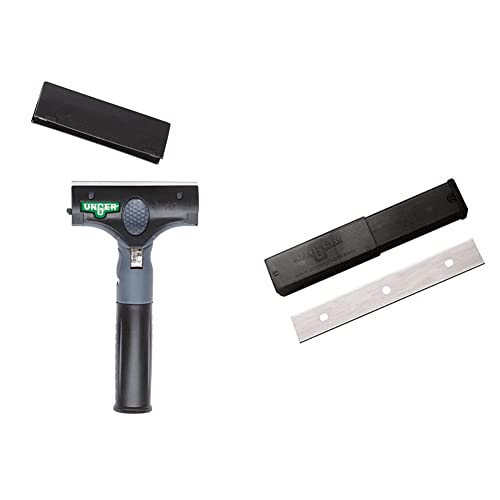 Unger ErgoTec Ninja Schaber (Breite 10 cm, Winkel einstellbar: 0° - 30°, große Schaberfläche, einfacher Klingenwechsel, Glasschaber) EN100 & ENB10 Premium Glasschaber Edelstahlklingen, 10 cm, 25 Stück von Unger