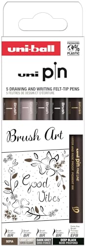Uni-Ball Set Brush Art Stifteetui, 5 Stück, kalibrierte Marker, 0,1 bis 0,5 mm, Schwarz, Grau und Sepia von Uni-Ball
