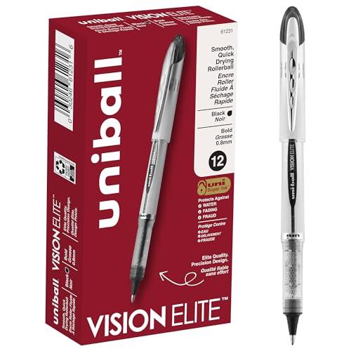 Uniball Vision Elite Tintenroller, schwarze Stifte, 12 Stück, fette Stifte mit 0,8 mm Tinte, schwarze Tinte, Stifte mit feiner Spitze, glattes Schreiben, Großstifte und Bürobedarf von Uni-Ball