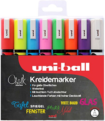 uni-ball 186208 - Fenster- & Kreidemarker UNI CHALK PWE-5M, 1,8 - 2,5 mm, Rundspitze, 8er Set, sortiert von Uni-Ball