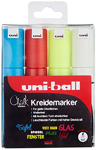 uni-ball 186404 - Fenster- & Kreidemarker UNI CHALK PWE-8K, 8 mm, Keilspitze, 4er Set, sortiert von Uni-Ball