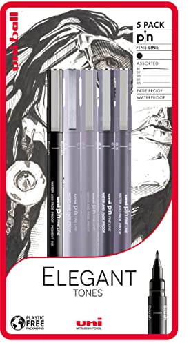 Uni-Ball uni-PIN Elegant Tones Fineliner Verschiedene hochwertige Federgrößen 0,1, 0,5 + Pinsel für präzises kreatives und technisches Zeichnen. Farbechte und wasserfeste Super-Tinte. Set mit 5 Stiften. von Uni-Ball