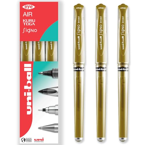 uni-ball Signo Pen UM-153 Tintenroller mit breiter Metallic-Geltinte, 1,0 mm Spitze, Gummigriff, in Geschenkbox, goldfarben, 3 Stück uni-ball Signo Pen UM-153 Tintenroller mit breiter Metallic-Geltinte, 1,0 mm Spitze, Gummigriff, in Geschenkbox, goldfarben, 3 Stück von Uni-Ball