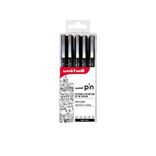 uni-ball - Uni Mitsubishi Pencil – 5 Filzstifte Uni-Pin – Tasche mit schwarzen Fineliner – feine bis mittlere kalibrierte Spitzen – zum Schreiben, Zeichnen, Zeichnen von Uni-Ball